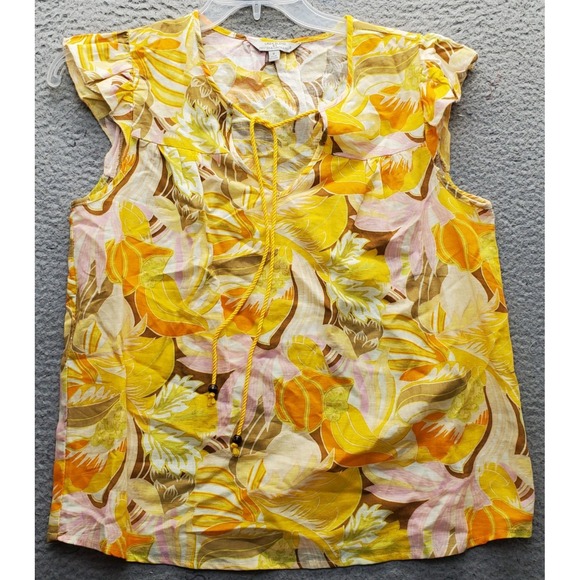 Hester & Orchard Tops - Hester & Orchard Blouse Top Women S Multi Floral Linen Blend Cap Sleeve Tie Neck